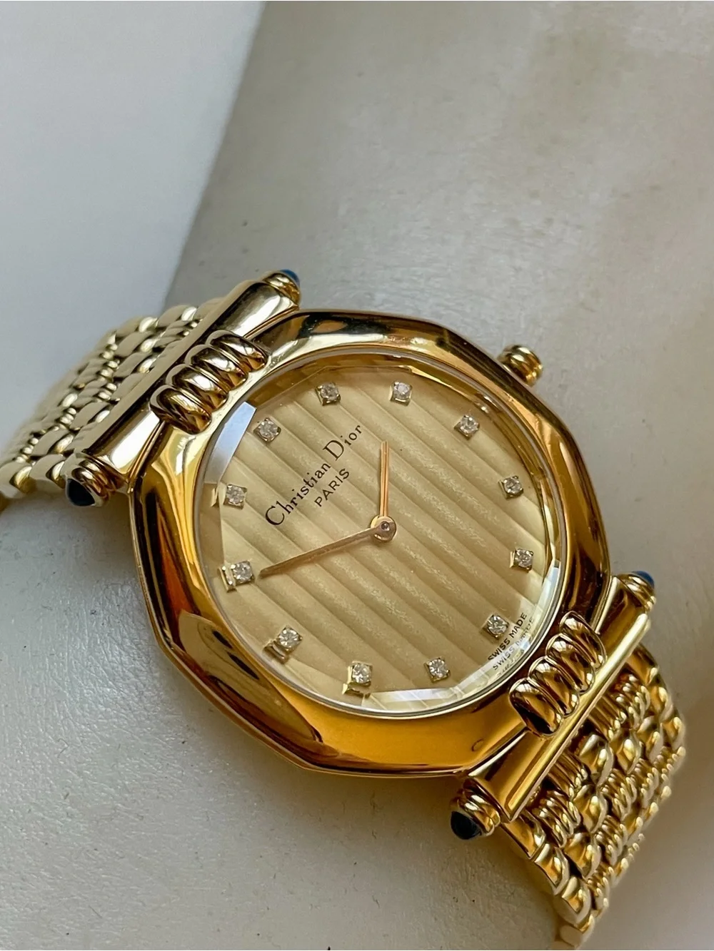 Vintage Christian Dior Octagon Gold Watch with Diamond Hour Marker Dial